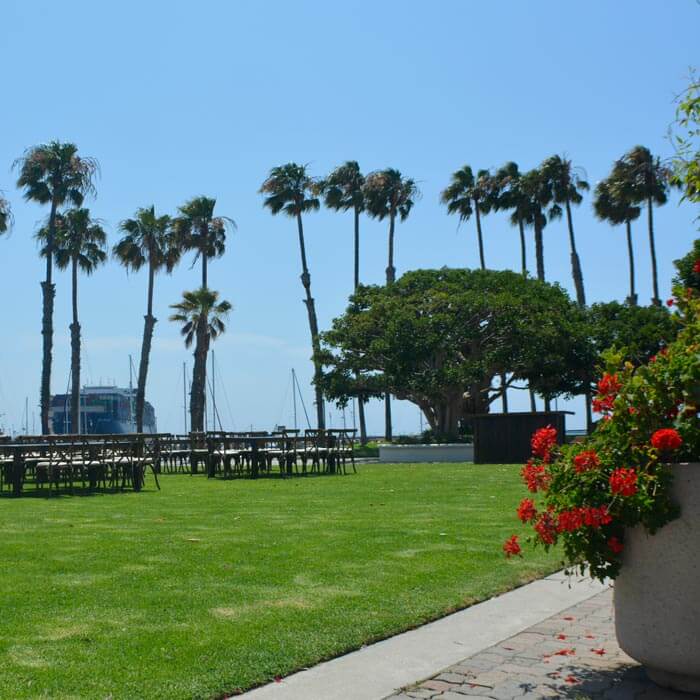 Tables set up for an event by California Yacht Marina in Southern California