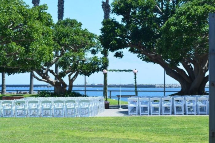 bunch of white chair with walking path in middle