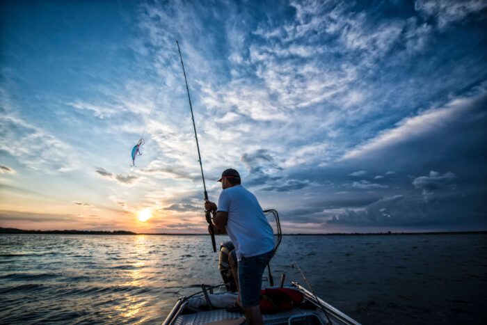 The man fishing in ocean using  fishing hook at San Pedro, CA