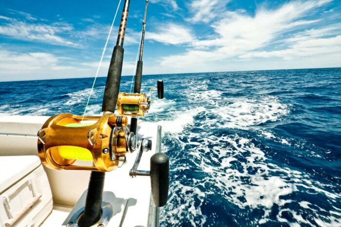 The boat with goldern color fishing hook at San Pedro, CA